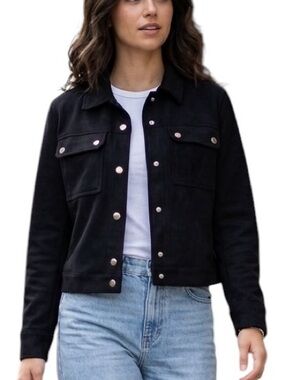 DIP Black Faux Suede Jacket Crop Biker Moto Snaps Pockets Lightweight Sz Medium
